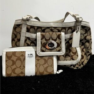 Coach Tan and Cream Signature Shoulder Bag and Wallet
